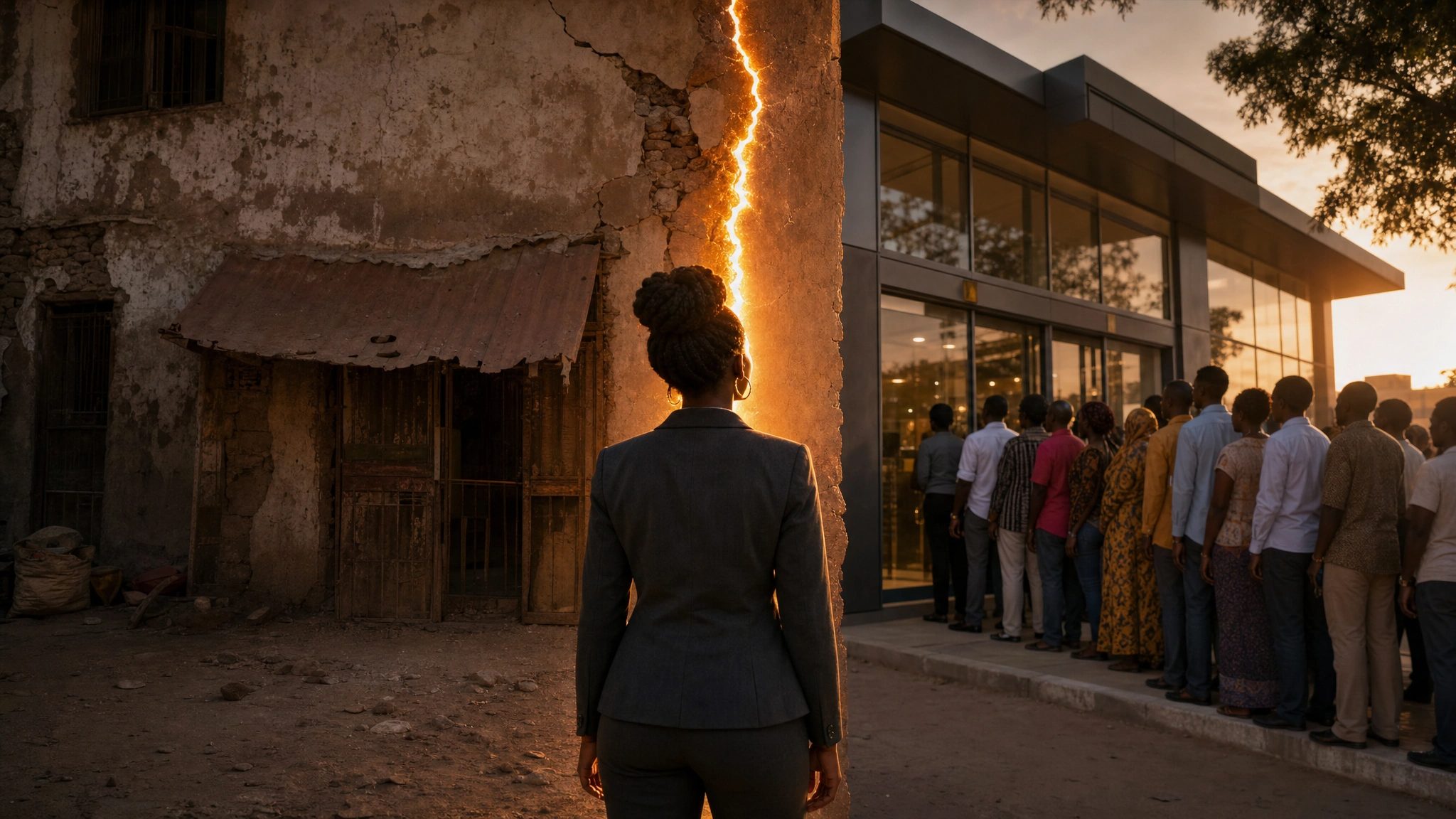 female african entrepreneur standing between two realities. On the left is a rundown ramshackle storefront. On the right is a queue moving towards a well architected office space.