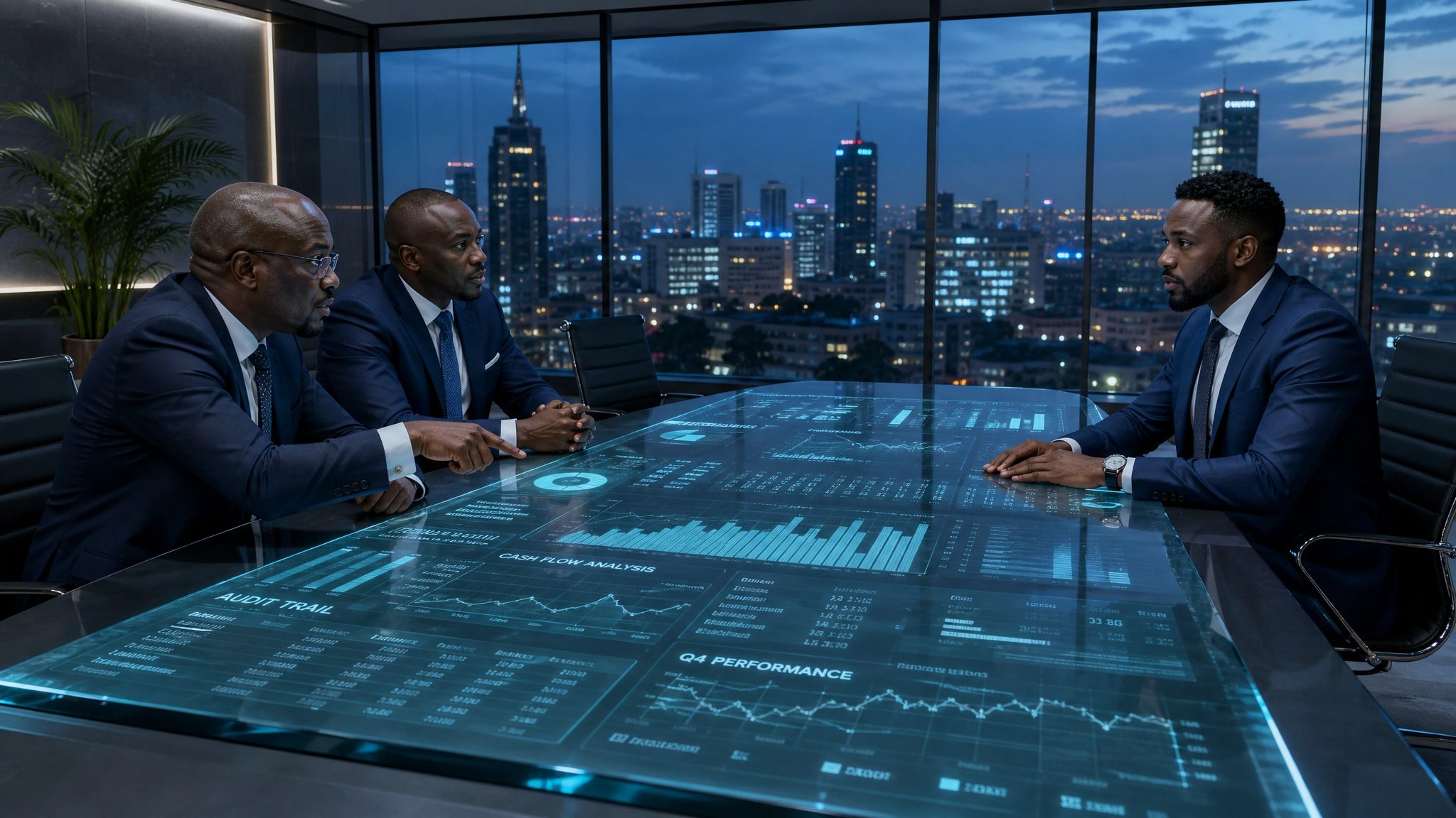 boardroom setting with data on the table. On the left are two male african executives in seeming conversations with an executive on the right.