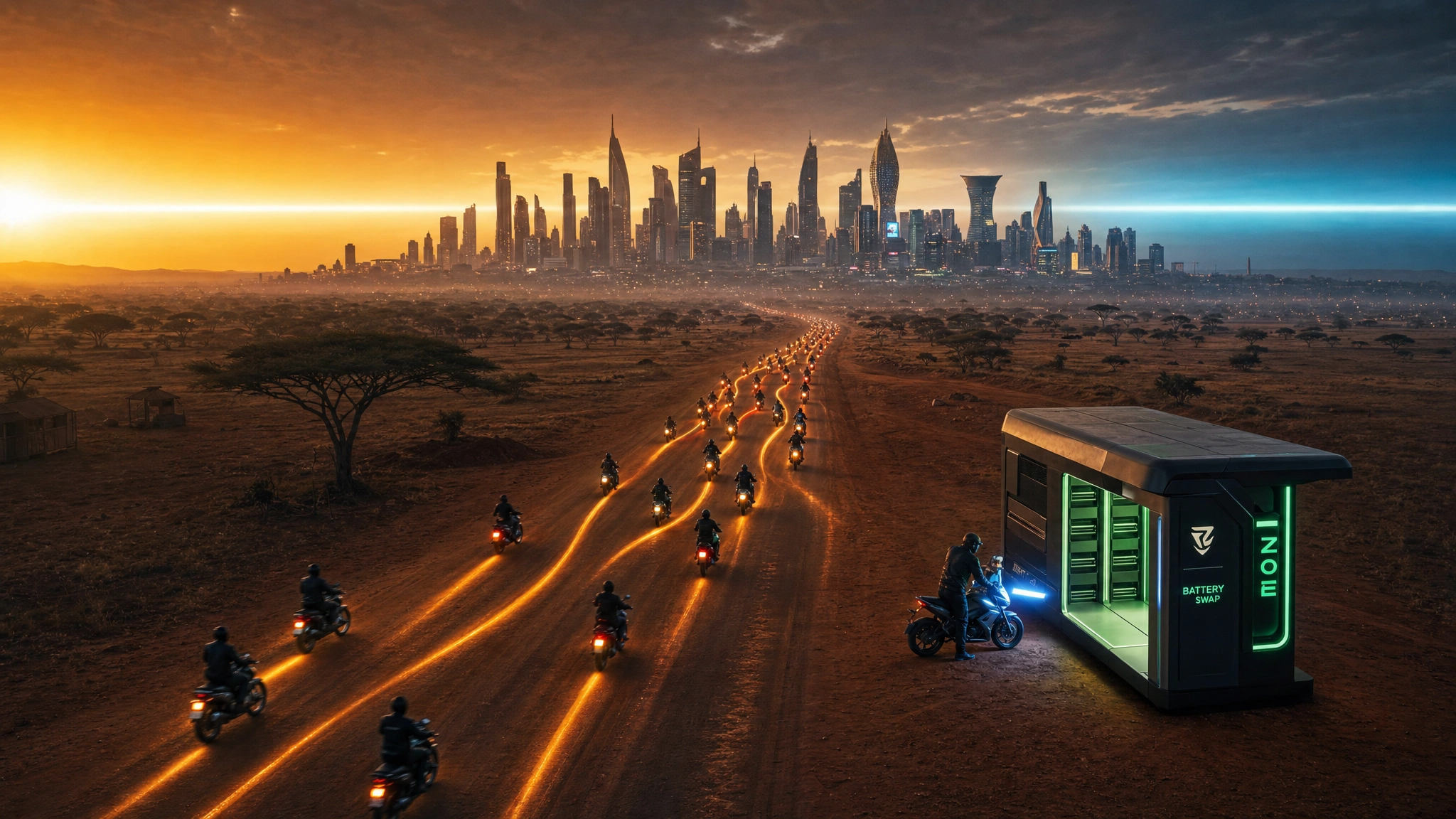 motorcycles in an african highway with a charging station on the roadside to the right and a city in the distance.